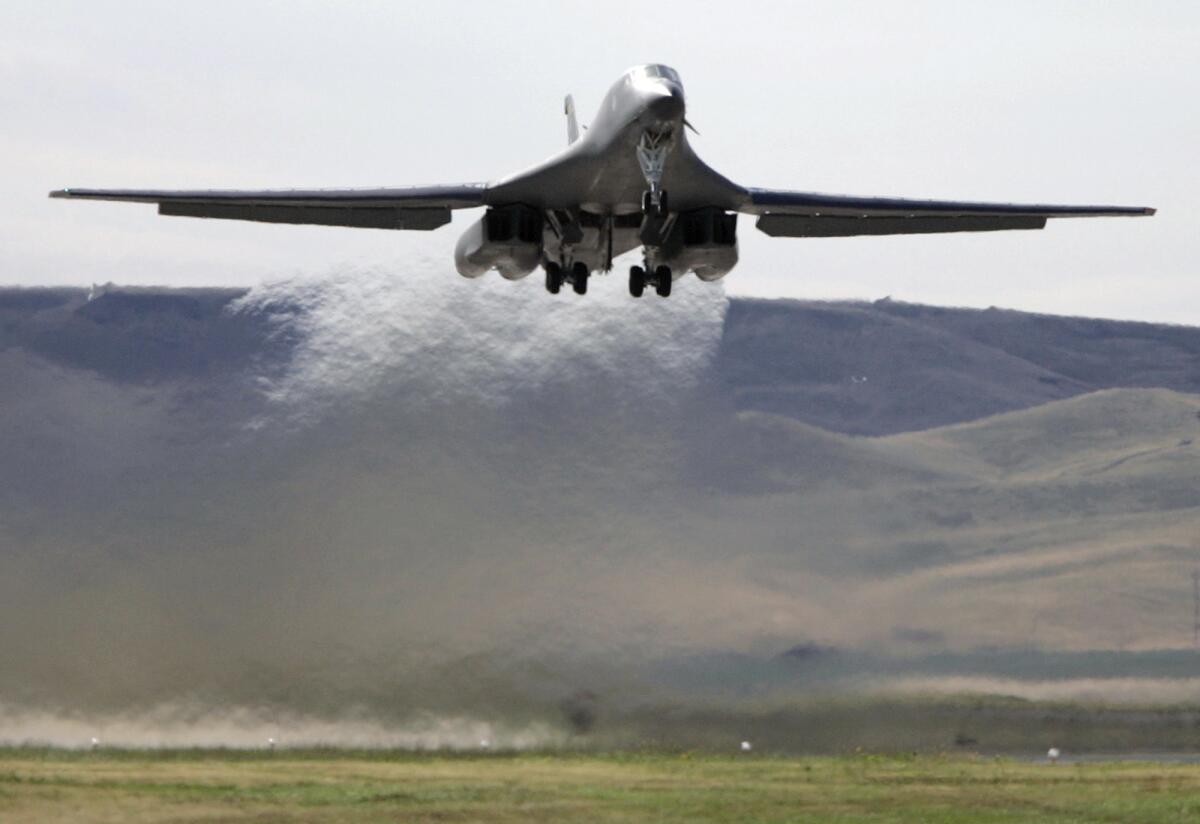 In this 2005 photo, a B-1 bomber takes off from Ellsworth Air Force Base in South Dakota.