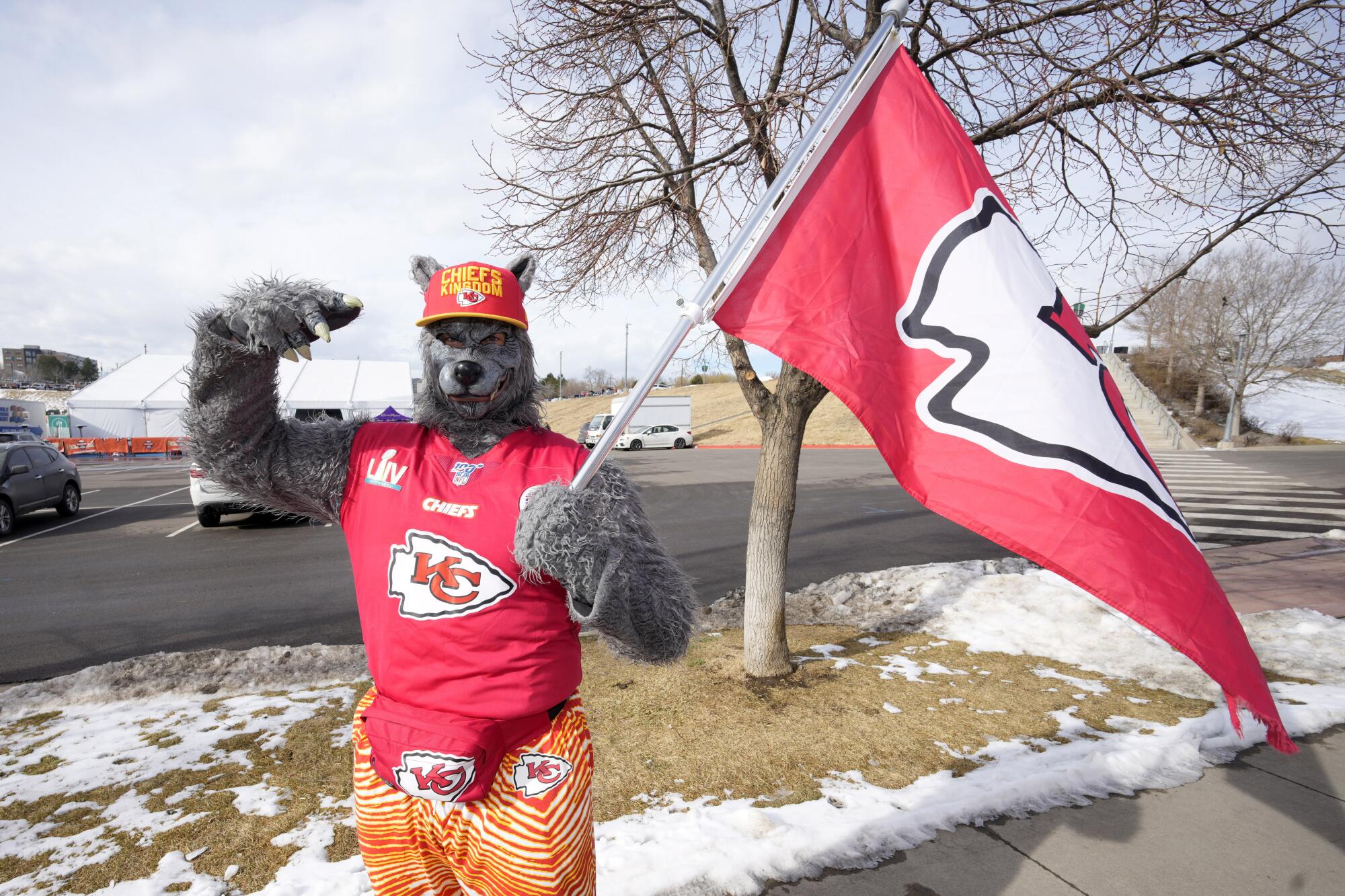 Chiefs superfan Xavier Michael Babudar, known as "ChiefsAholic," is wearing a wolf's suit and holding a Kansas City flag