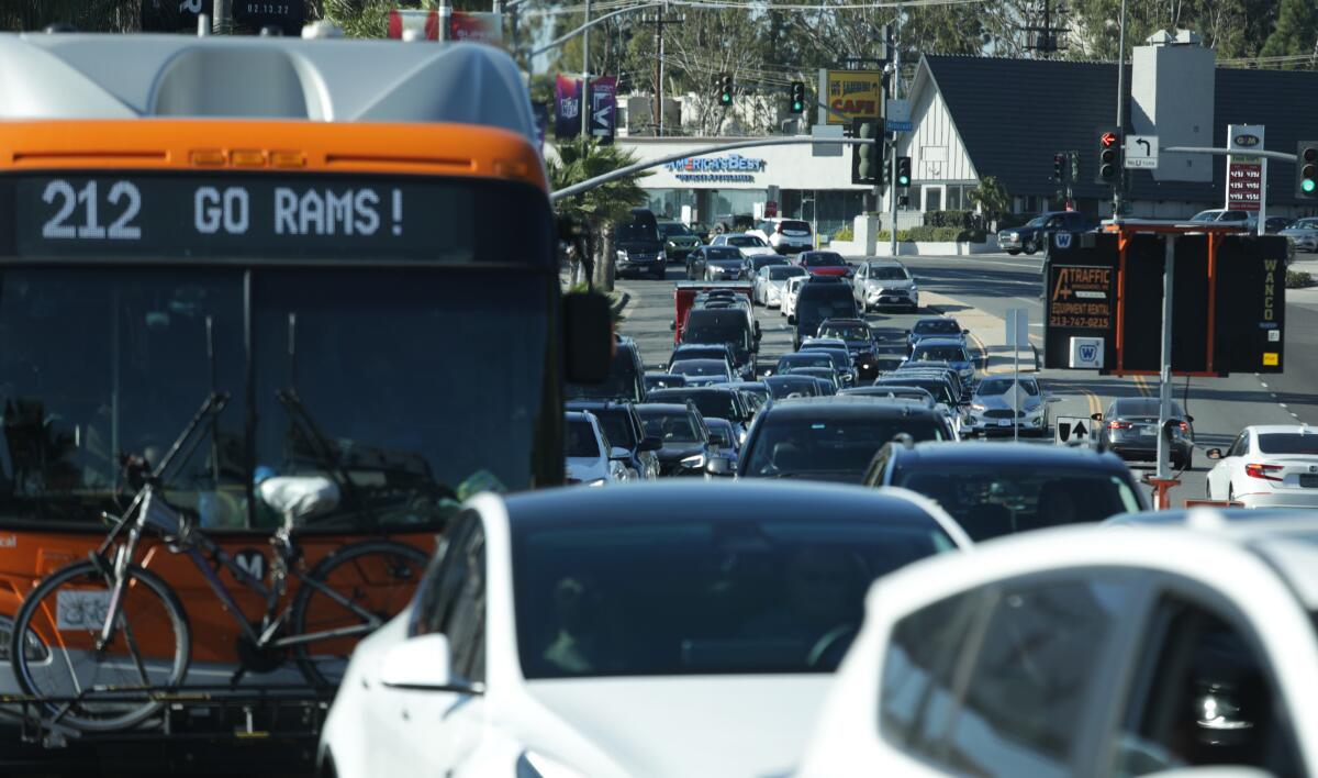 Traffic is seen choking an Inglewood city street outside SoFi Stadium.