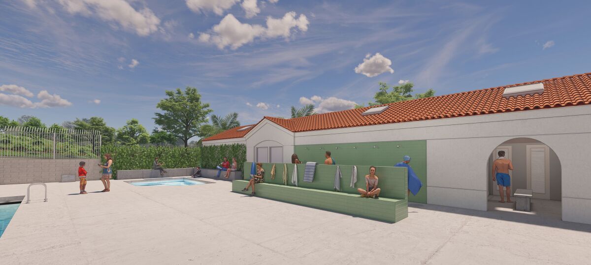 A rendering depicts the proposed new deck, storage and locker facilities for the Coggan Family Aquatic Complex in La Jolla.