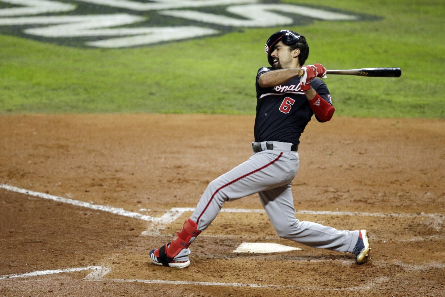 Washington Nationals third baseman Anthony Rendon swings and misses to strike out.