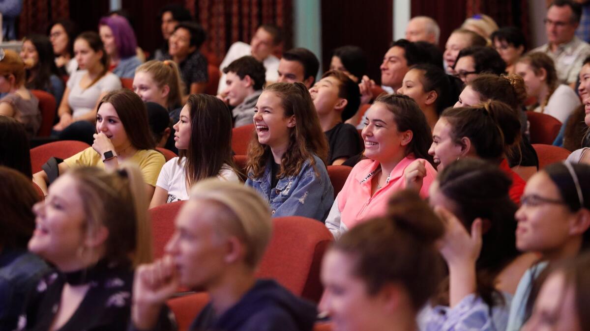 Orange County School of the Arts students react while listening to Richard Sherman and Bruce Kimmel on October 11.