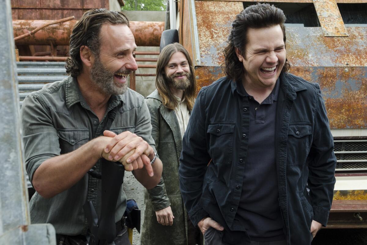 Andrew Lincoln (Rick), Tom Payne (Jesus) and Josh McDermitt (Eugene) laugh behind the scenes of "The Walking Dead."
