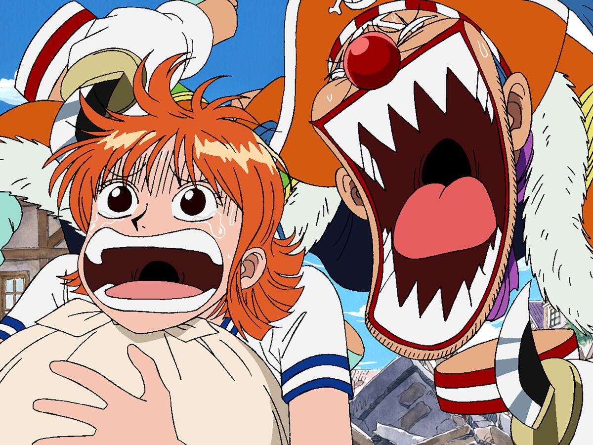 Cartoon image of an orange-haired girl holding a bag followed behind a clown with sharp teeth