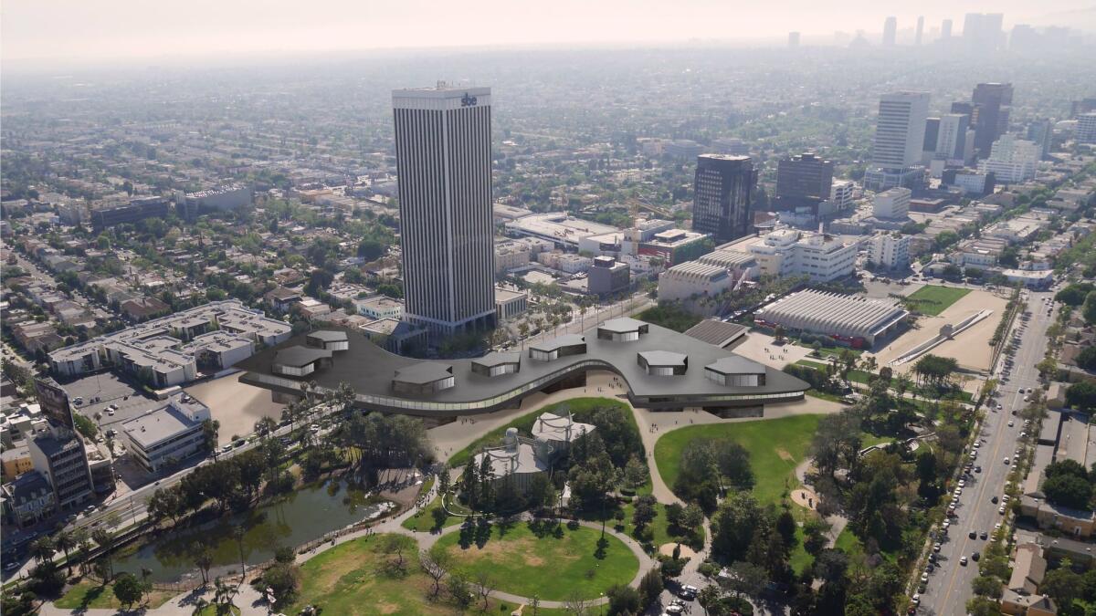 A rendering released last year showing the 2016 iteration of Peter Zumthor's design, which was more angular and crossed Wilshire Boulevard.