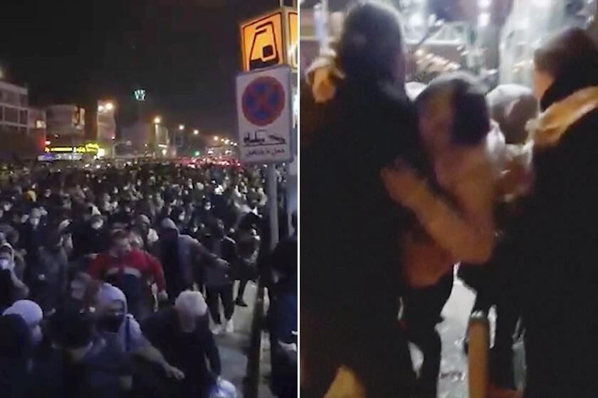 Photos taken from video show protesters fleeing police near Azadi Square in Tehran, left, and an injured woman getting assistance on Sunday.
