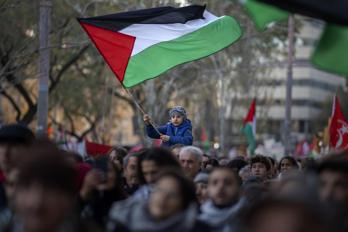 A child sitting on someone's shoulder in a crowd of people waves a Palestinian flag.