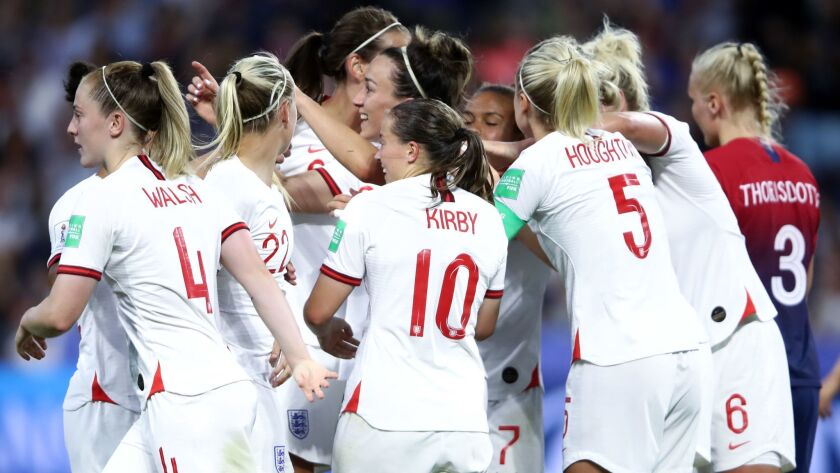 England celebrates a goal by Lucy Bronze during the team's World Cup quarterfinal victory over Norway on Thursday. England plays the U.S. in the semifinals Tuesday.
