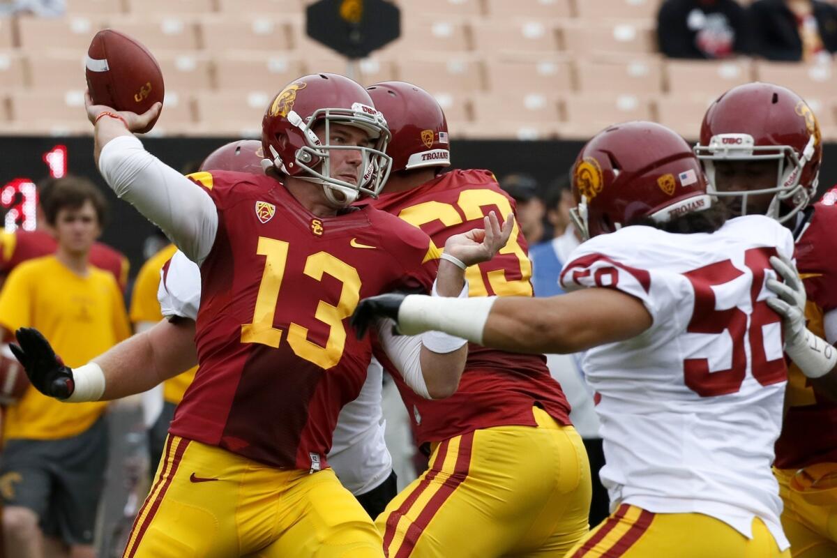 Max Wittek makes a throw during a USC's end-of-spring scrimmage at Los Angeles Memorial Coliseum.