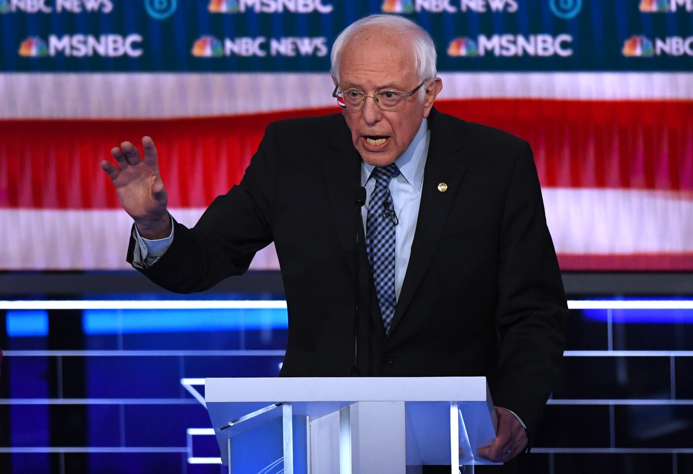 Democratic presidential hopeful Vermont Senator Bernie Sanders speaks during the ninth Democratic primary debate of the 2020 presidential campaign season co-hosted by NBC News, MSNBC, Noticias Telemundo and The Nevada Independent at the Paris Theater in Las Vegas, Nevada, on February 19, 2020. (Photo by Mark RALSTON / AFP) (Photo by MARK RALSTON/AFP via Getty Images)