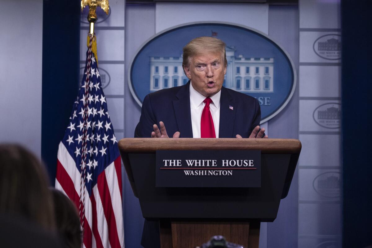 President Trump speaks about the coronavirus pandemic Wednesday at the White House.