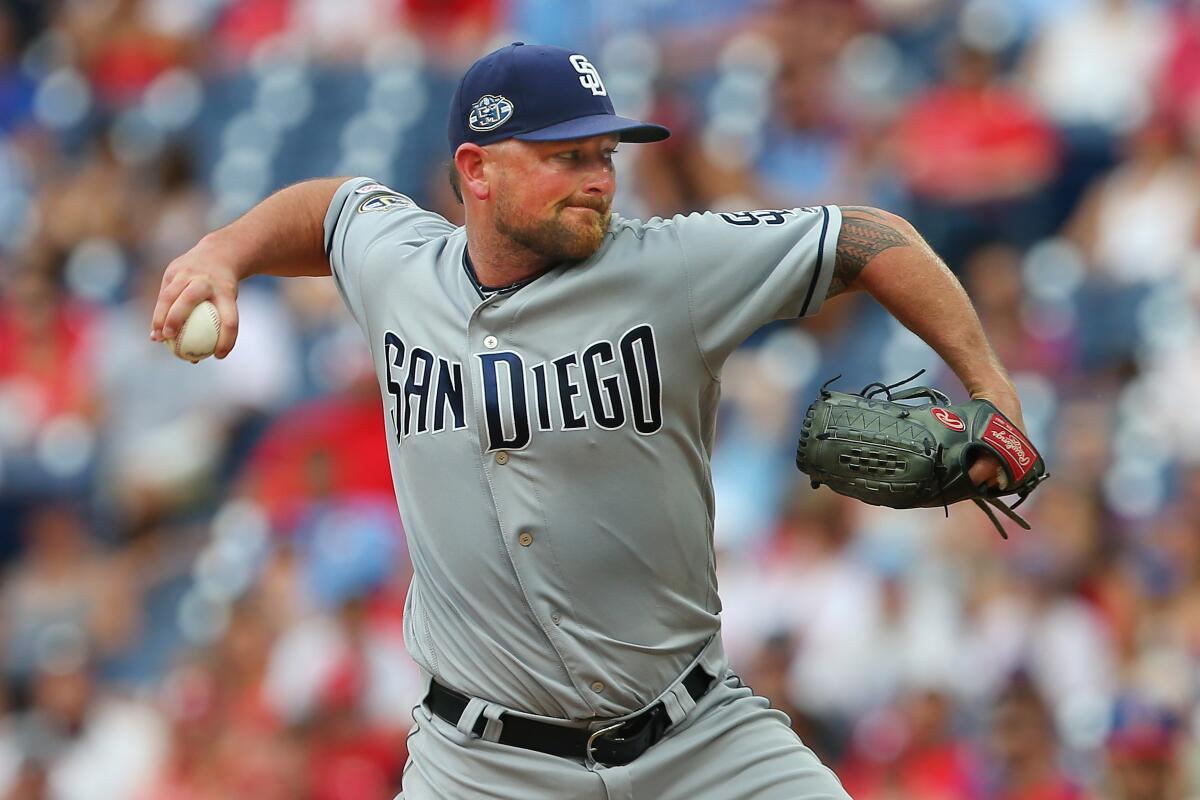 Padres closer Kirby Yates delivers a pitch against the Philadelphia Phillies during the ninth inning of a game at Citizens Bank Park on August 18.