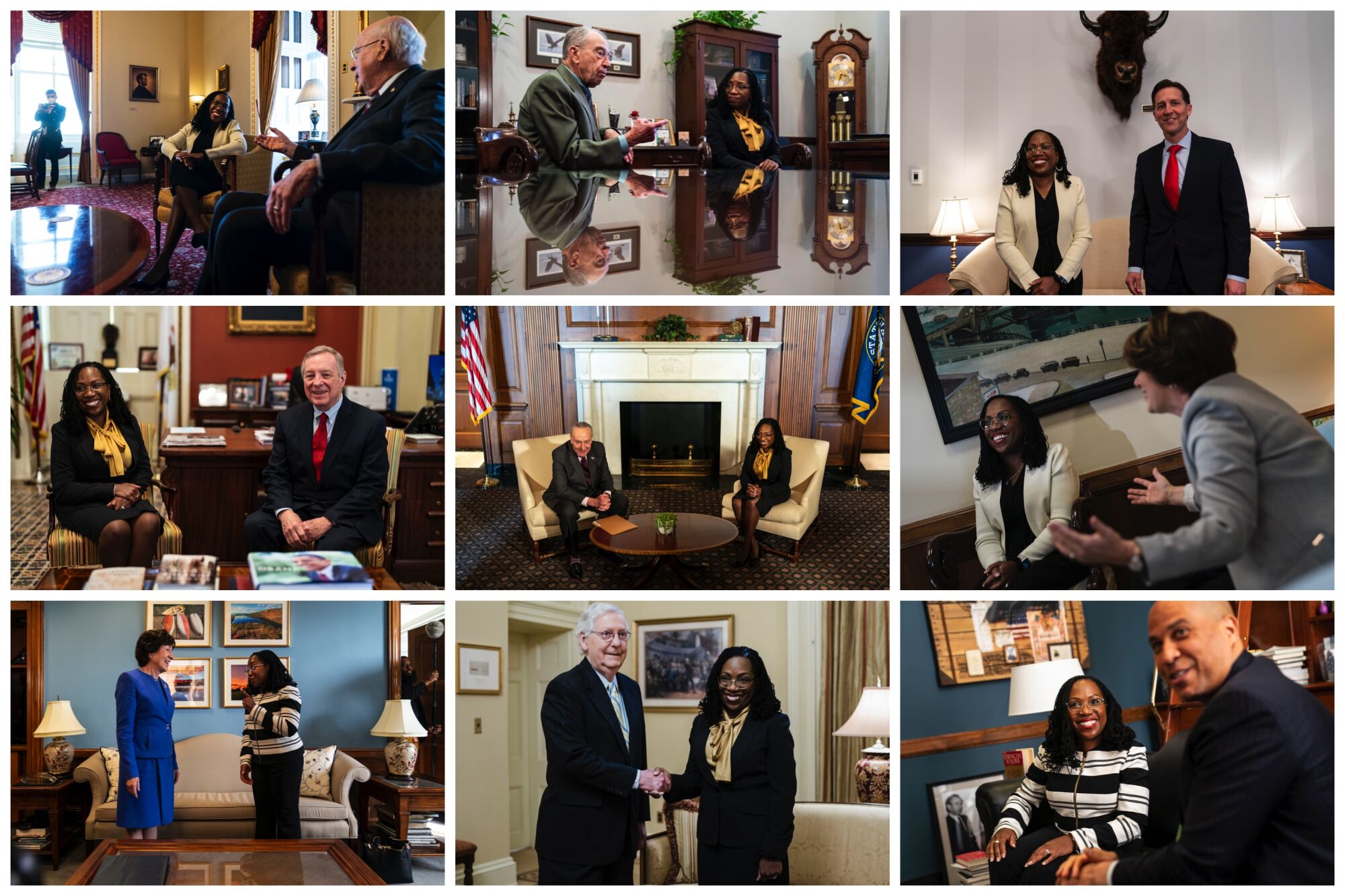 Judge Ketanji Brown Jackson is shown meeting with U.S. senators in nine photographs.