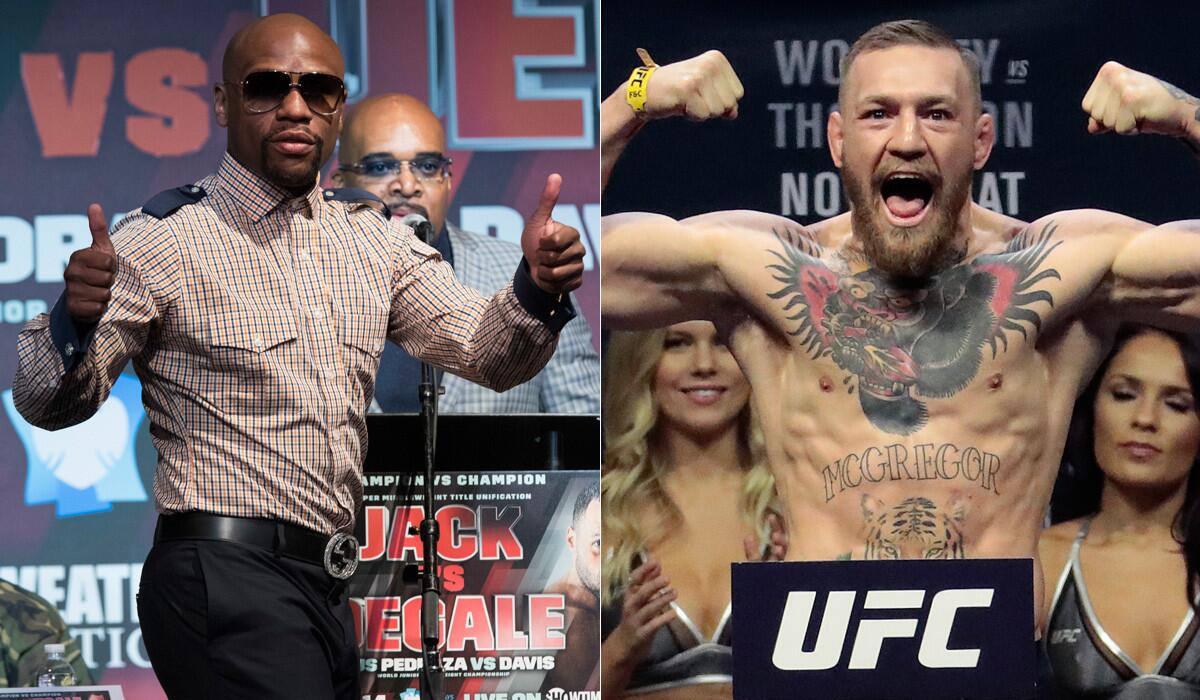 Boxer Floyd Mayweather Jr., left, and UFC champion Conor McGregor would be a clash of titans in a boxing match.