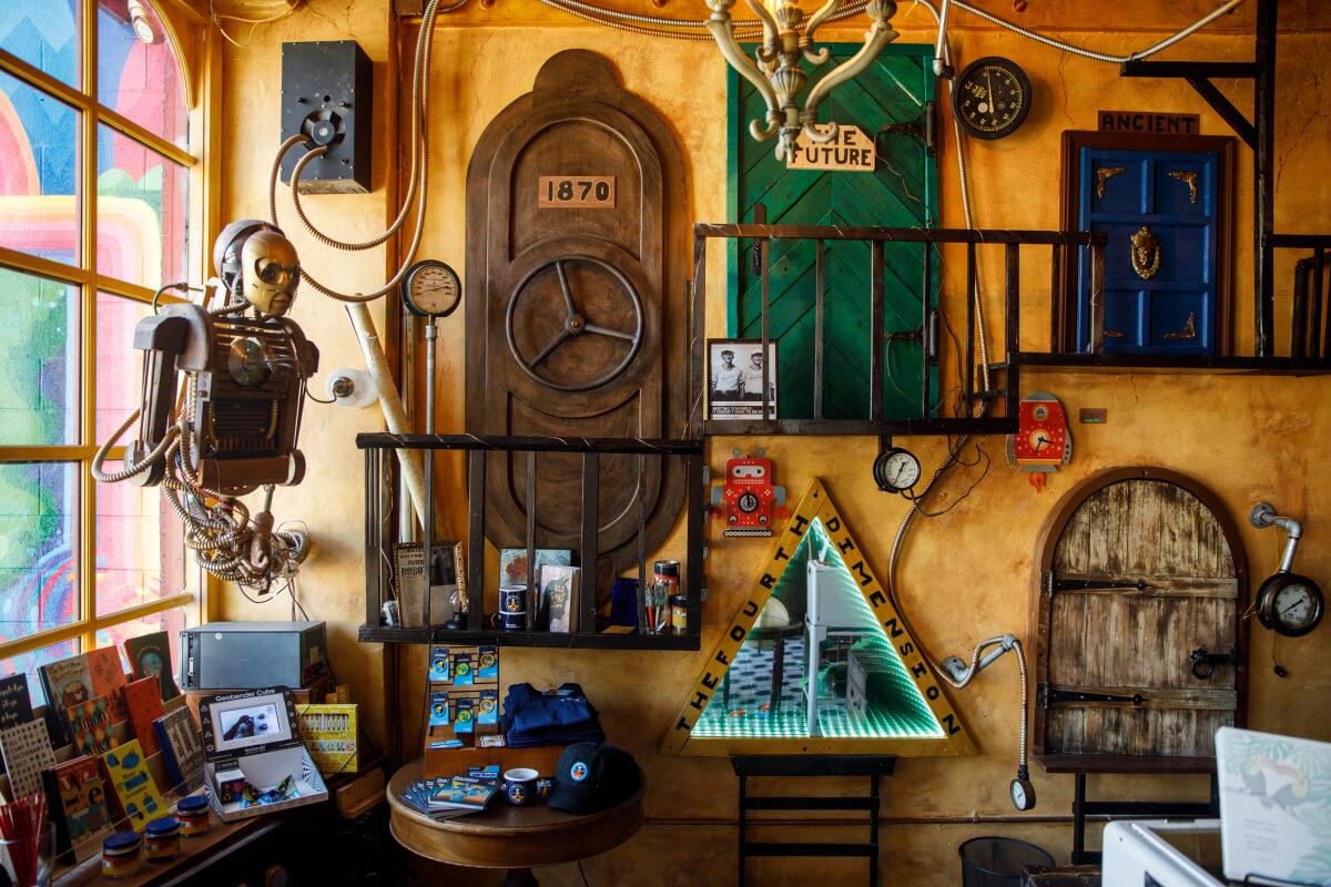 The walls inside Time Travel Mart are covered with odd gadgets and gizmos.