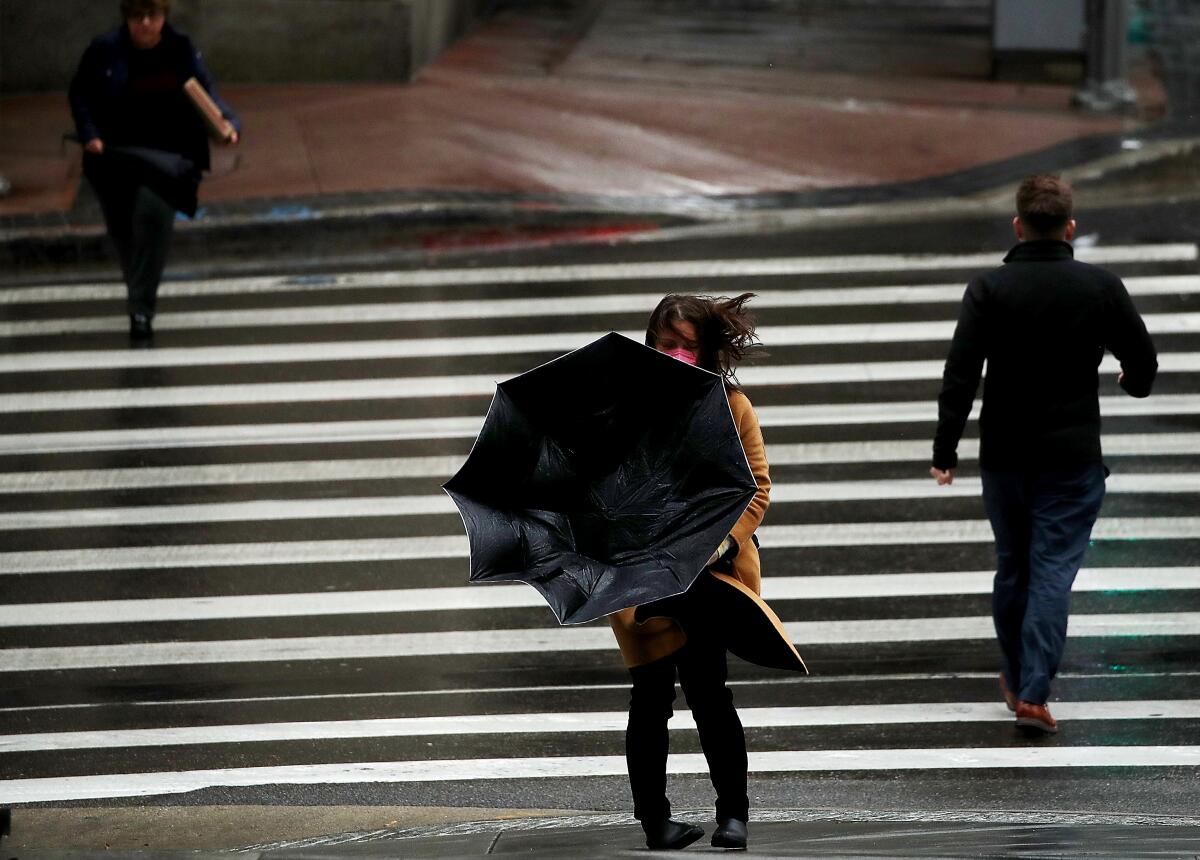 An umbrella blows inside out on a city crosswalk.