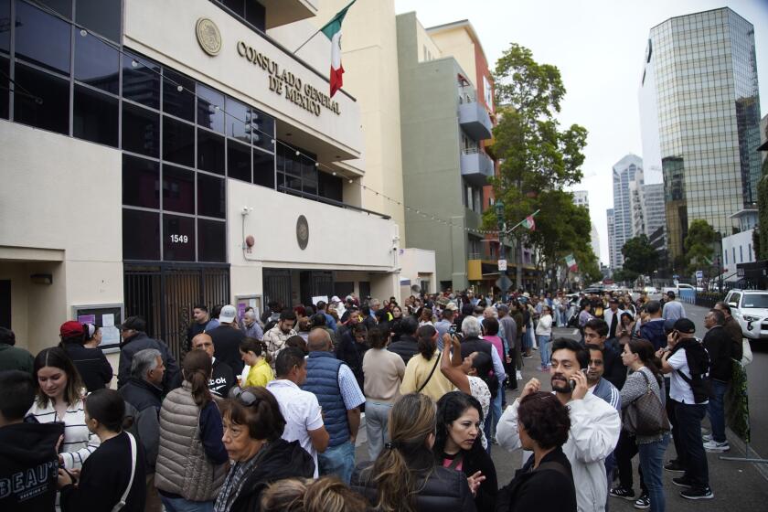 San Diego, California - June 02: Hundreds of voters wait in line to cast their votes outside the Consulate General of Mexico San Diego Office in Little Italy on Sunday, June 2, 2024 in San Diego, California. (Alejandro Tamayo / The San Diego Union-Tribune)