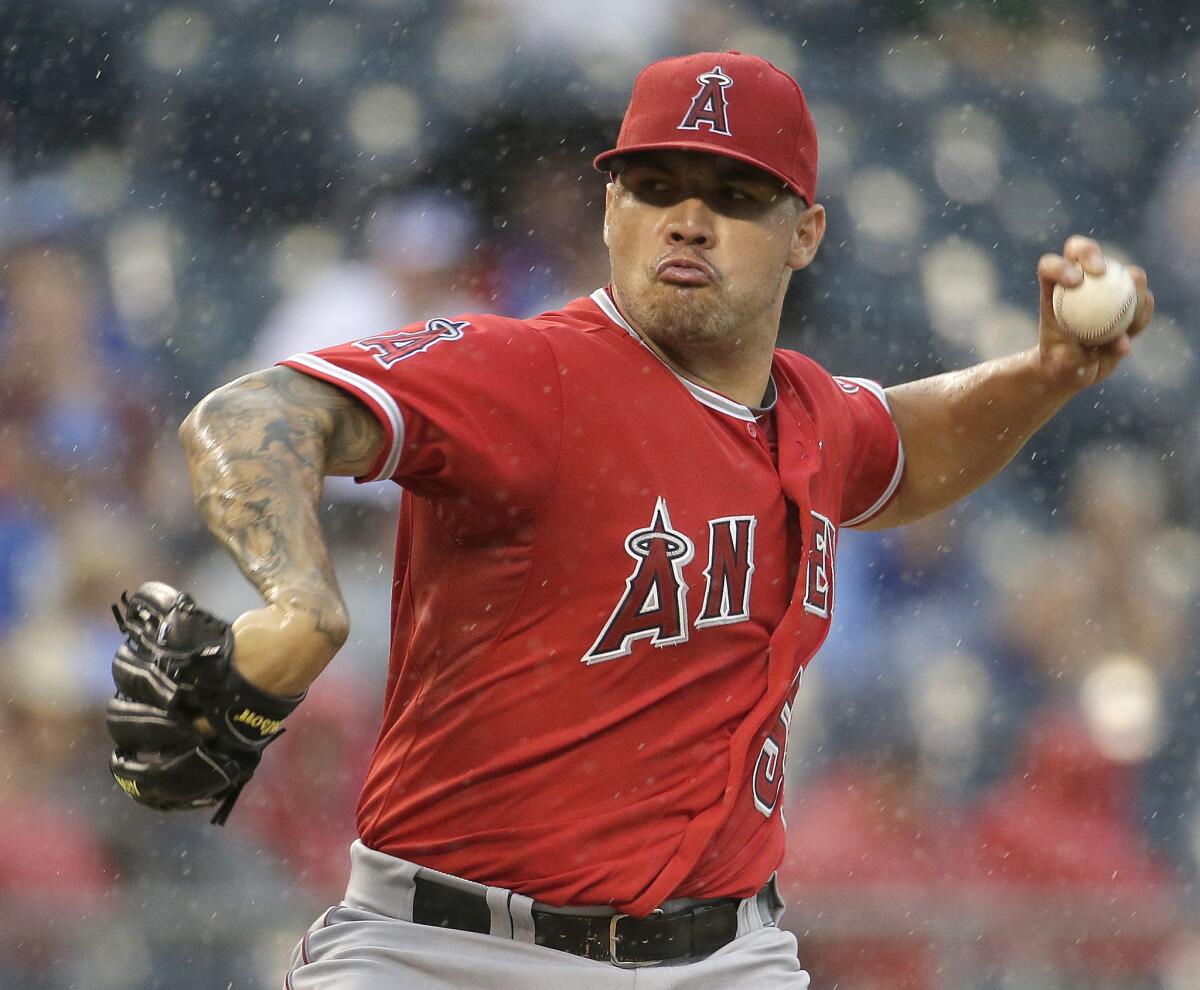 Angels starting pitcher Hector Santiago pitched four shutout innings against the Royals and was three outs from becoming eligible for his first victory of the season when the rains came.