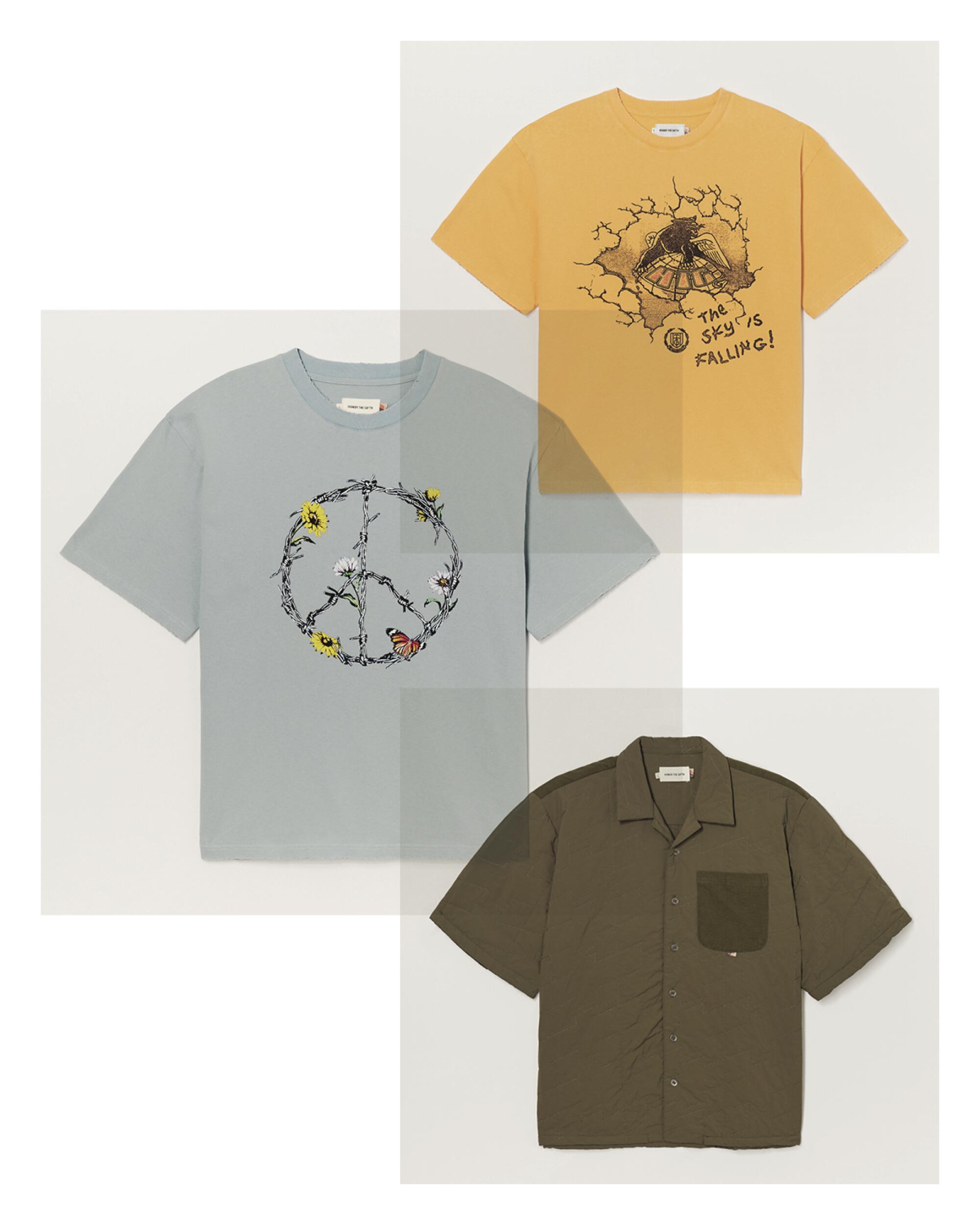 A T-shirt with a peace symbol, a T-shirt that says, 'The Sky's Falling!' and a green collared shirt