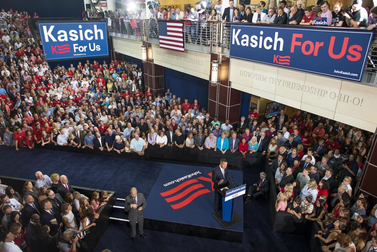 Ohio Gov. John Kasich announces his 2016 presidential candidacy in a speech at Ohio State University on Tuesday. Kasich became the 16th Republican candidate to officially enter the race.