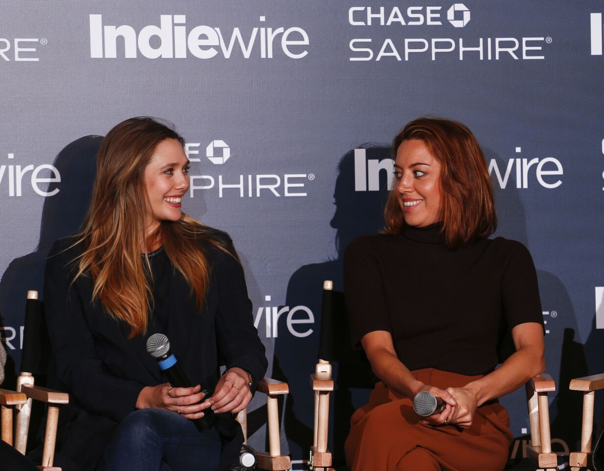 Actresses Elizabeth Olsen, left, and Aubrey Plaza from "Ingrid Goes West" during the "Indiewire in Conversation" panel at Chase Sapphire on Main.