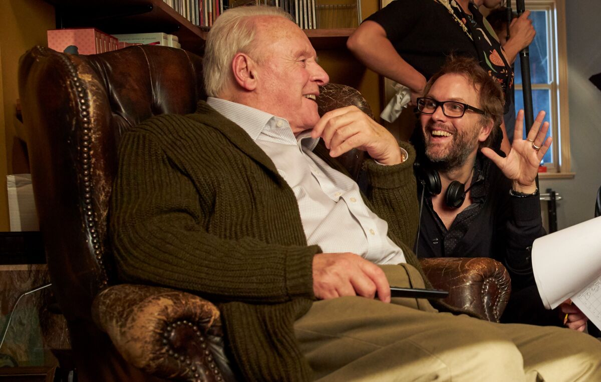 Anthony Hopkins and writer-director Florian Zeller on the set of "The Father."
