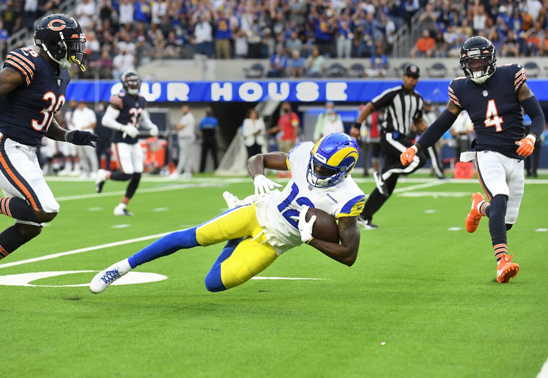 Los Angeles Rams receiver Van Jefferson catches a long touchdown pass from quarterback Matthew Stafford