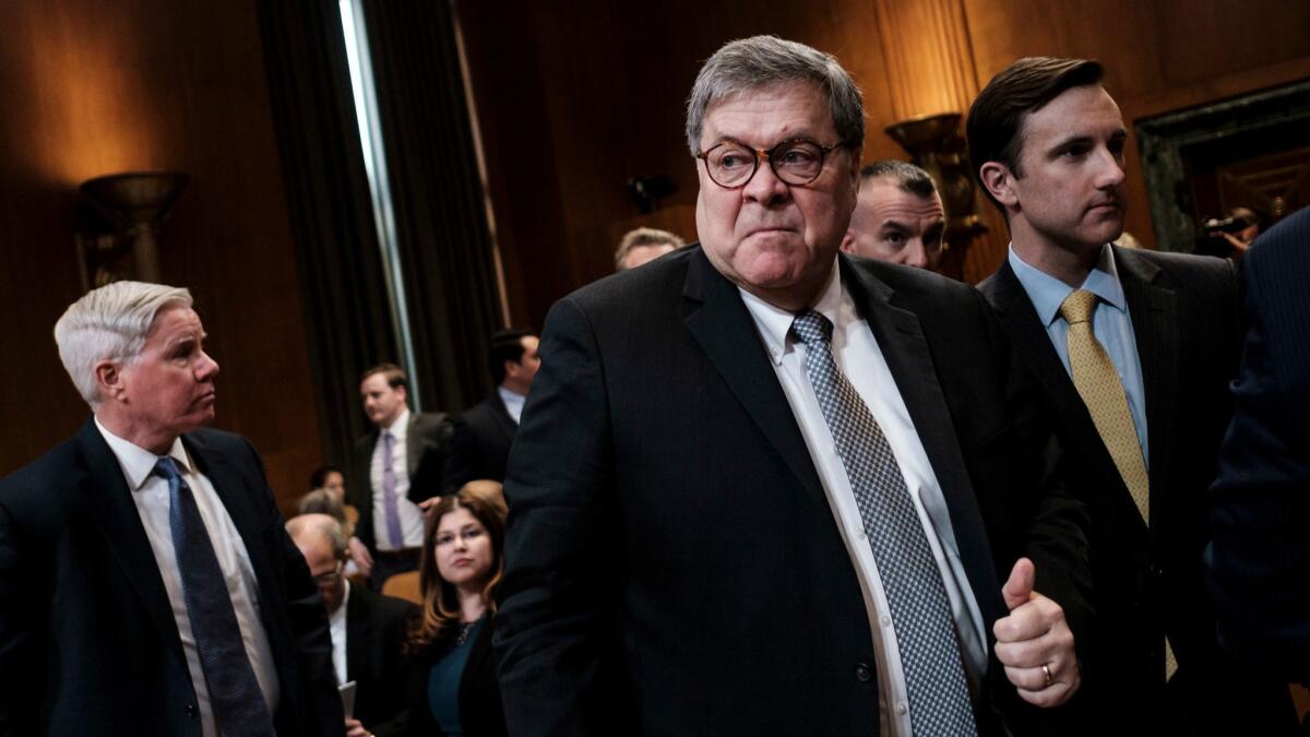 Atty. Gen. William Barr leaves the hearing room after testifying before the Senate Appropriations Committee on April 10.