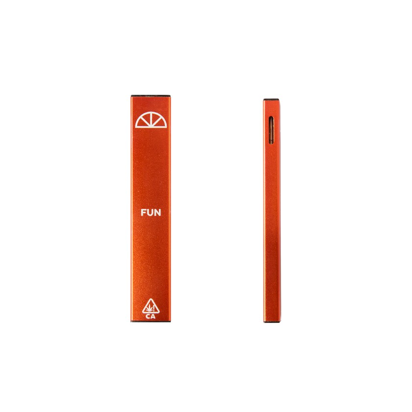 A front and side view of a single-use vaporizer pen with the word "fun" on it.