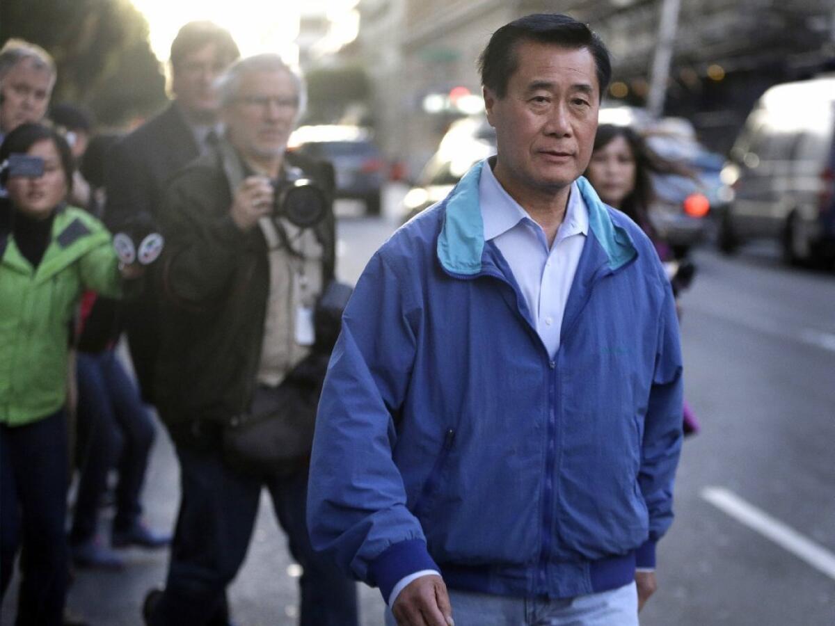 San Francisco Democratic state Sen. Leland Yee leaves the San Francisco federal courthouse after posting bond on an array of federal corruption and gun charges following a wide-ranging FBI investigation and sting operation.