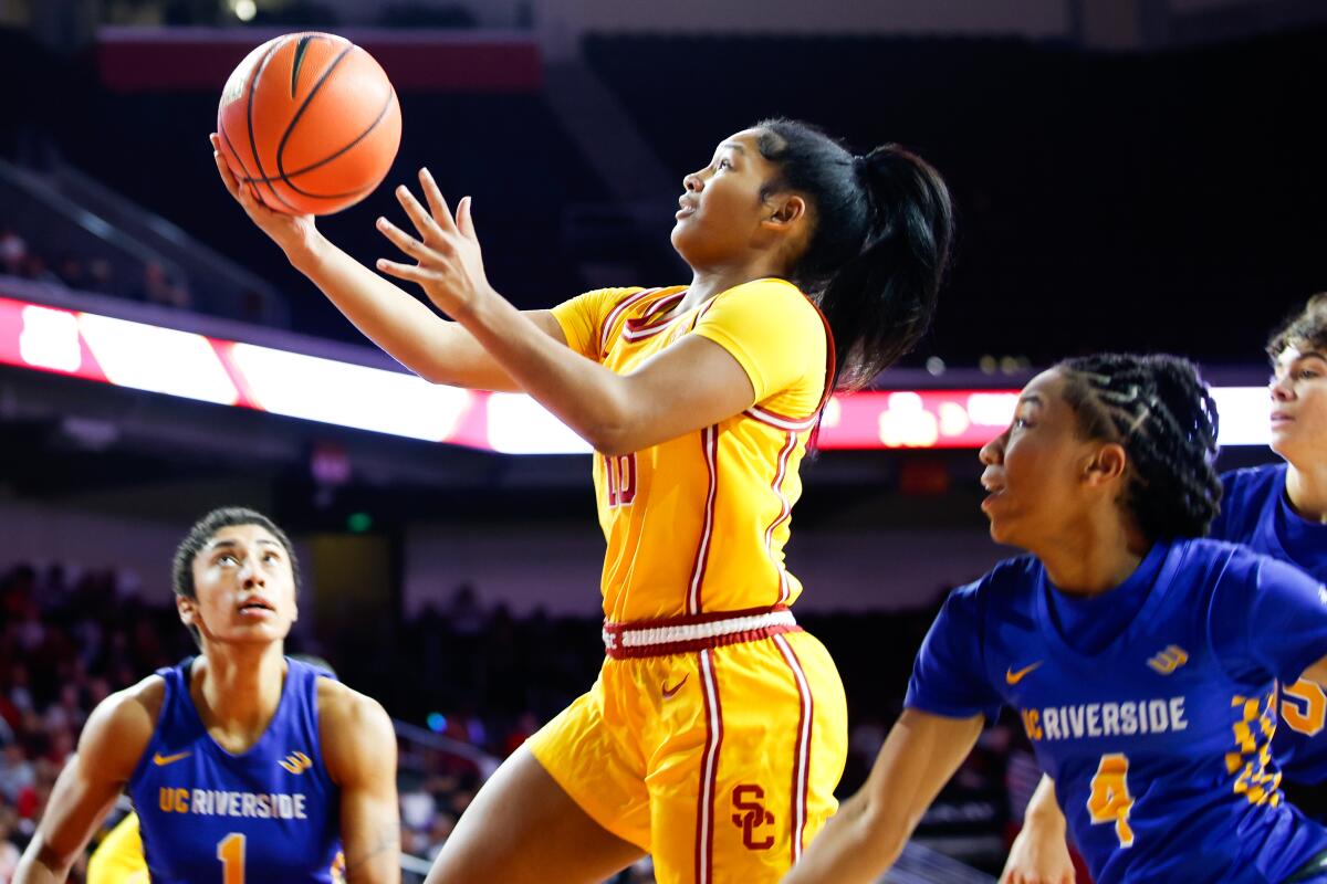 USC guard Malia Samuels puts up a shot during a win over UC Riverside on Sunday.