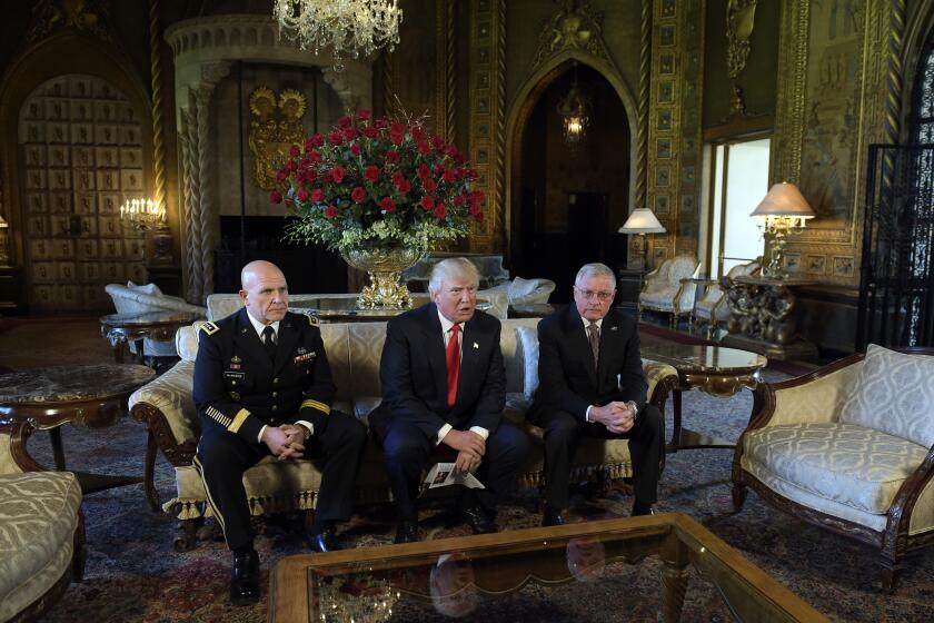 President Donald Trump, center, sits with Army Lt. Gen. H.R. McMaster, left, and retired Army Lt. Gen. Keith Kellogg, right, at Trump's Mar-a-Lago estate in Palm Beach, Fla., Monday, Feb. 20, 2017, where Trump announced that McMaster will be the new national security adviser. Kellogg, who had been his acting adviser, will now serve as the National Security Council chief of staff. (AP Photo/Susan Walsh)