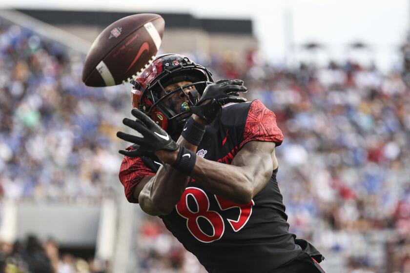 San Diego, CA - September 09: San Diego State Aztecs wide receiver Joshua Nicholson (85) can't make the catch against UCLA during their game at Snapdragon Stadium on Saturday, Sept. 9, 2023 in San Diego, CA. (Meg McLaughlin / The San Diego Union-Tribune)
