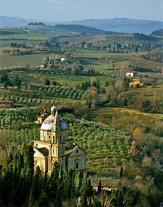 The Church of San Biagio beneath the walls of Montepulciano, a hill town about 50 miles southeast of Siena in the Tuscany region of Italy.