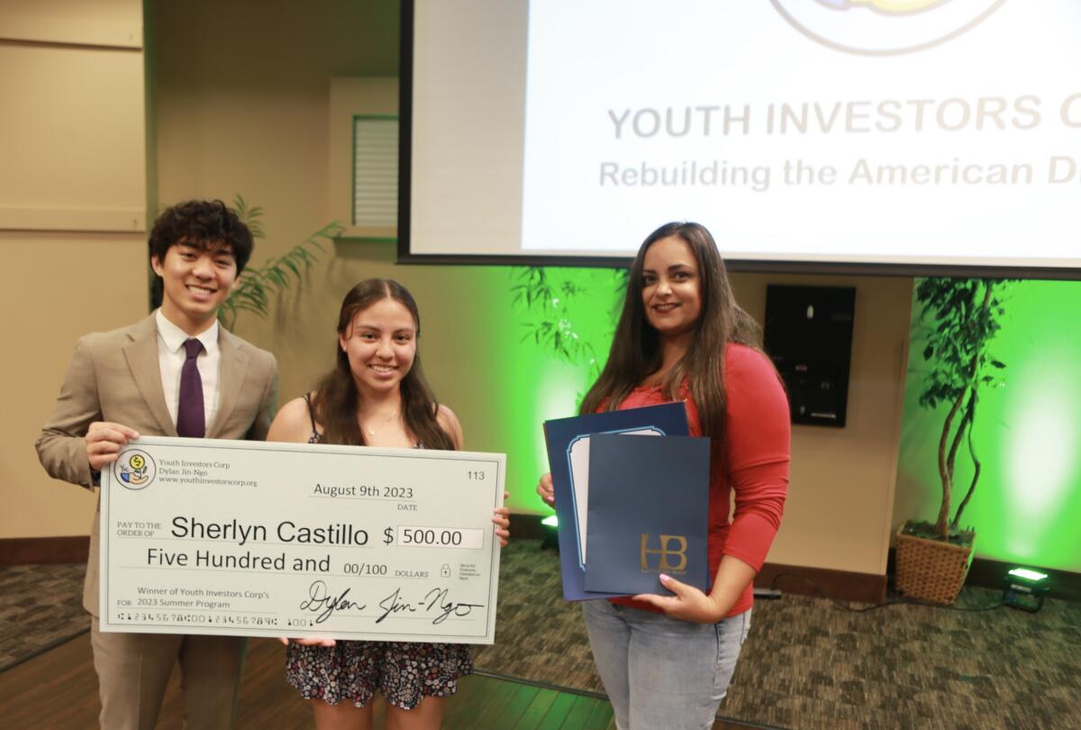 Youth Investors Corp.'s Dylan Jin-Ngo and Huntington Beach Mayor Pro Tem Gracey Van Der Mark smile with Sherlyn Castillo.