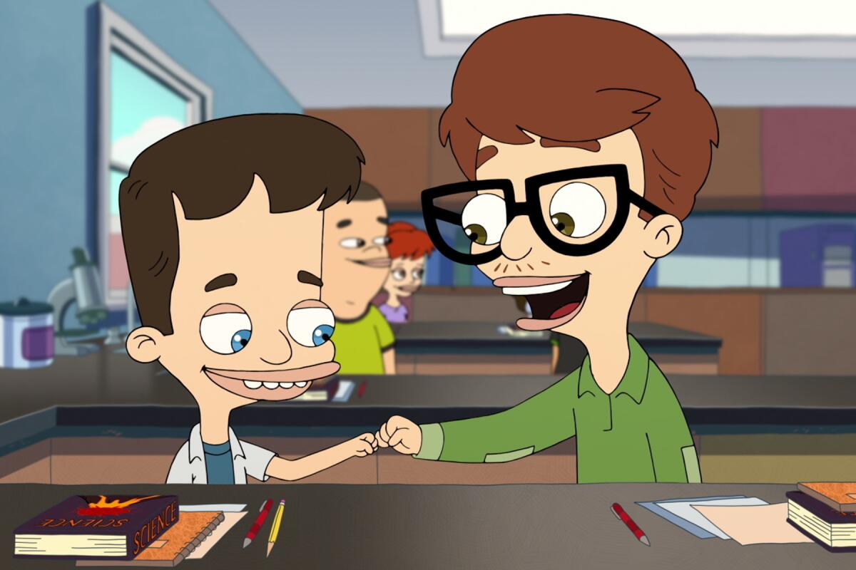 Animated still of two kids shaking hands in a classroom..