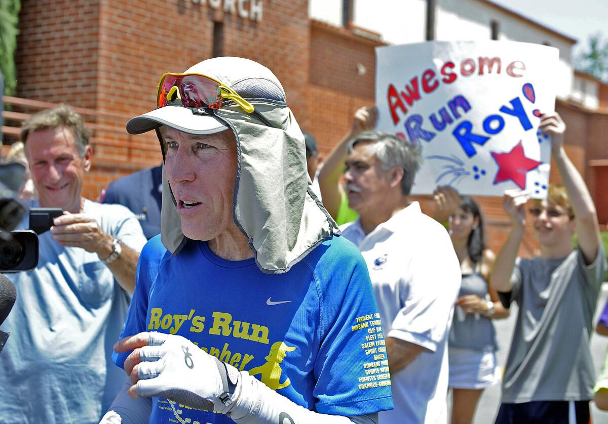 Burbank resident Roy Wiegand runs part of his 80 mile journey from Anaheim through Burbank to Santa Clarita in 2014.
