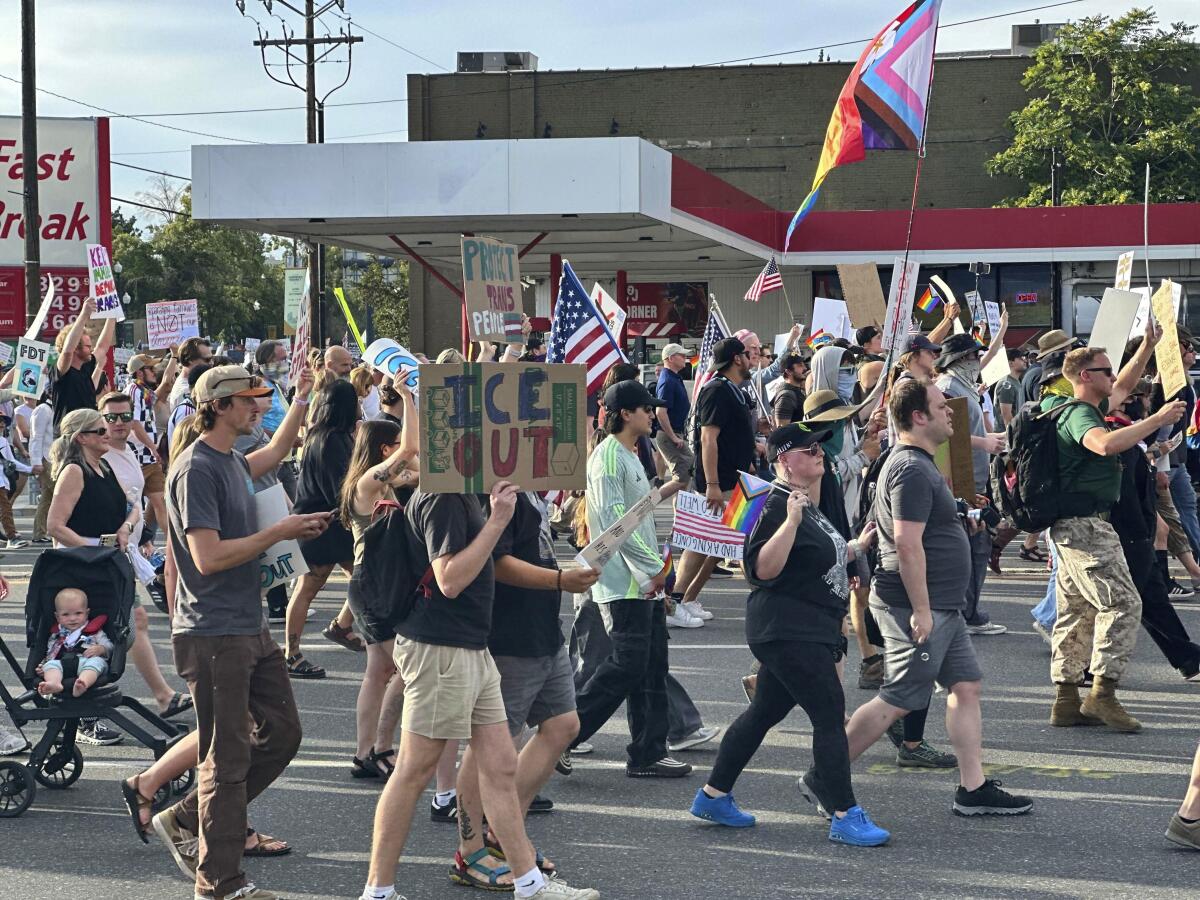 Demonstrators carry signs and flags in a street.