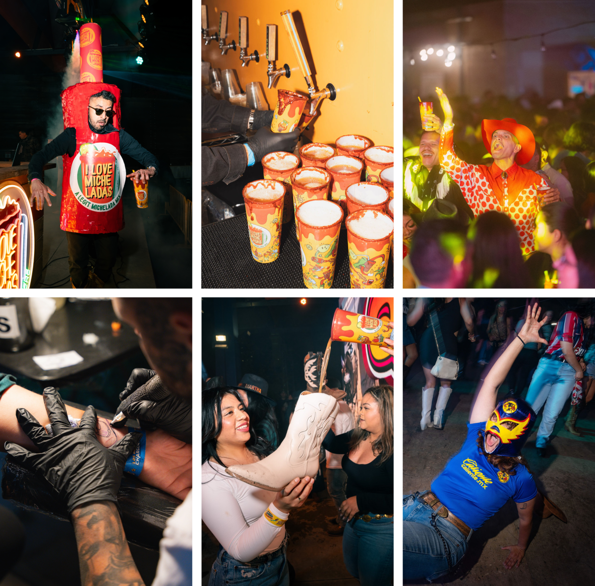 A group of six photos together, all of people drinking micheladas and celebrating.