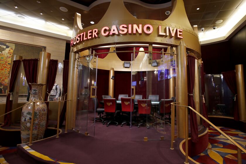 GARDENA, CALIF. - OCT. 27, 2022. The room where high rollers play poker for Hustler Casino Live, a live stream poker show from the Hustler Casino in Gardena. (Luis Sinco / Los Angeles Times)