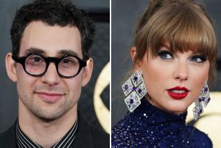 A split image of Jack Antonoff posing in glasses and Taylor Swift posing in dangly earrings and a sparkly purple dress