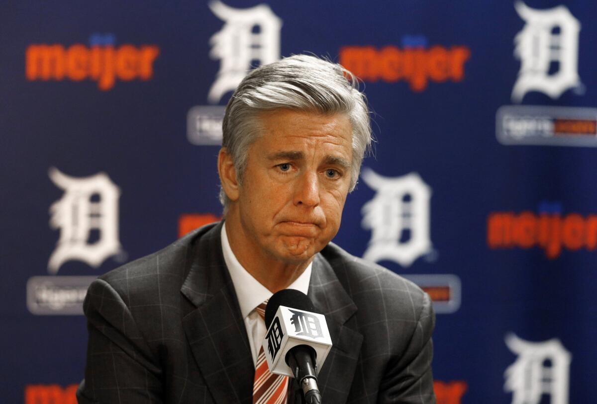 Former Tigers General Manager Dave Dombrowski speaks during an August news conference in Detroit. The Red Sox hired him as president of baseball operations.