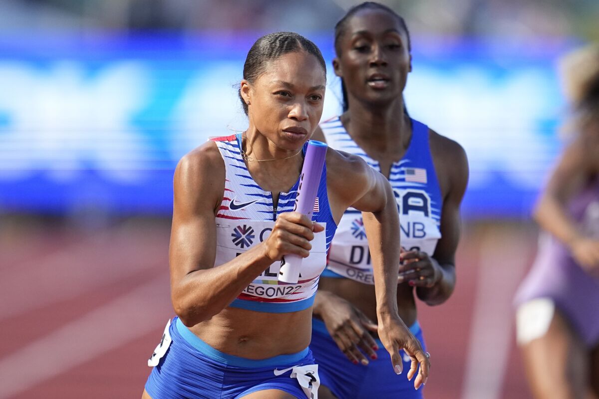 Allyson Felix competes in a heat during the women's 4x400-meter relay at the world championships July 23, 2022.