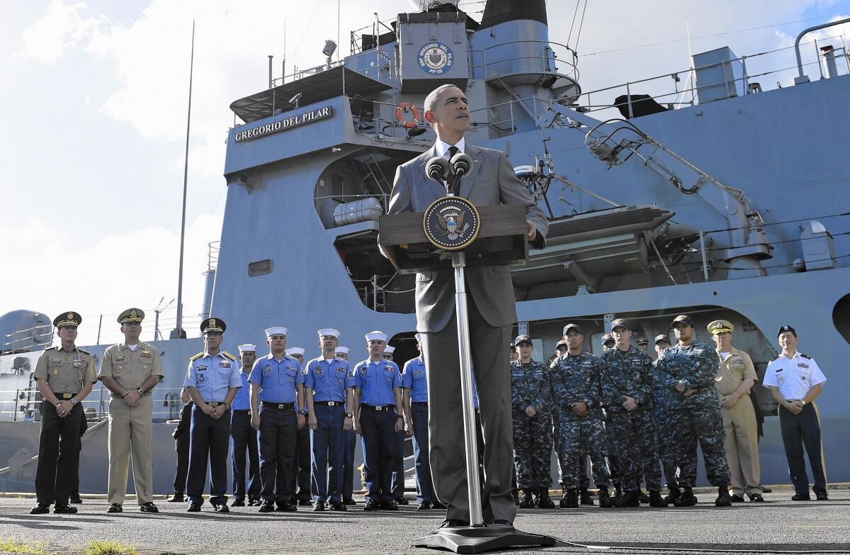 President Obama speaks after touring the Gregorio del Pilar in Manila on Nov. 17, 2015. The ship is an advanced Philippine navy frigate once owned by the United States.