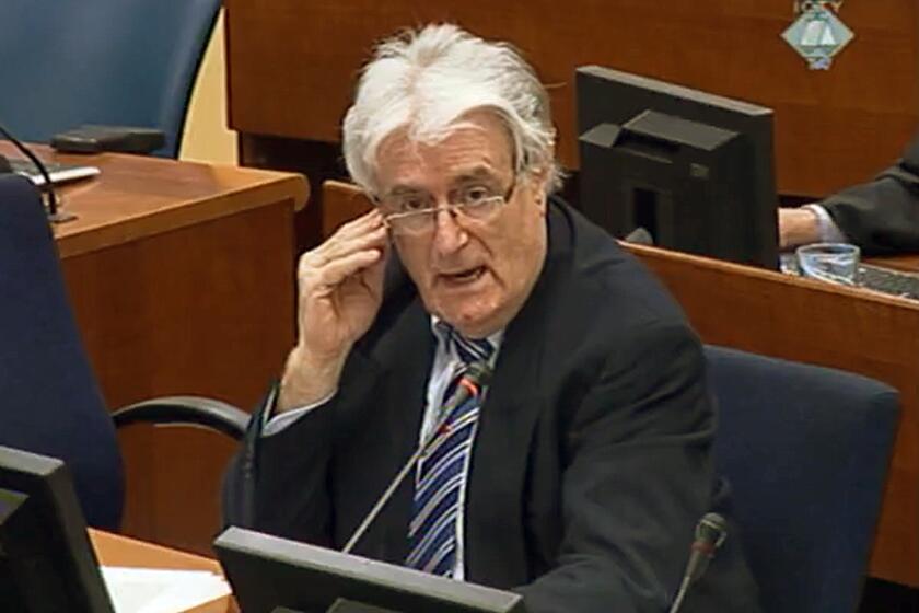 Former Bosnian Serb wartime leader Radovan Karadzic last year at his war crimes trial in The Hague. The International Criminal Tribunal for the former Yugoslavia has granted a motion by Karadzic to subpoena his wartime military commander, Gen. Ratko Mladic, to testify and dispute allegations of genocide and war crimes.