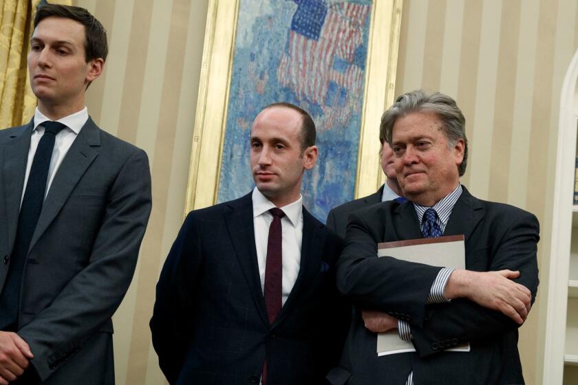 Jared Kushner, from left, Stephen Miller and Stephen Bannon in the Oval Office last month.