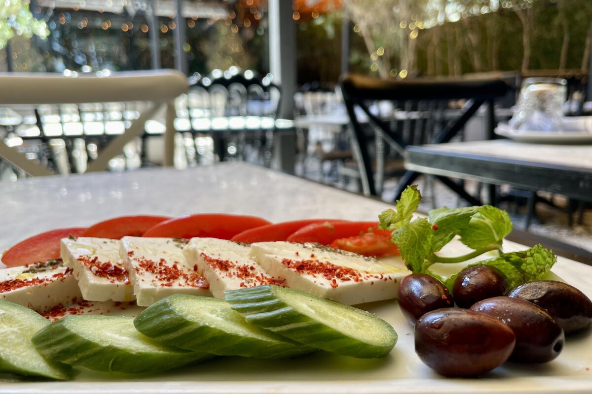 A feta cheese plate on the patio at Olive & Grill in Studio City.