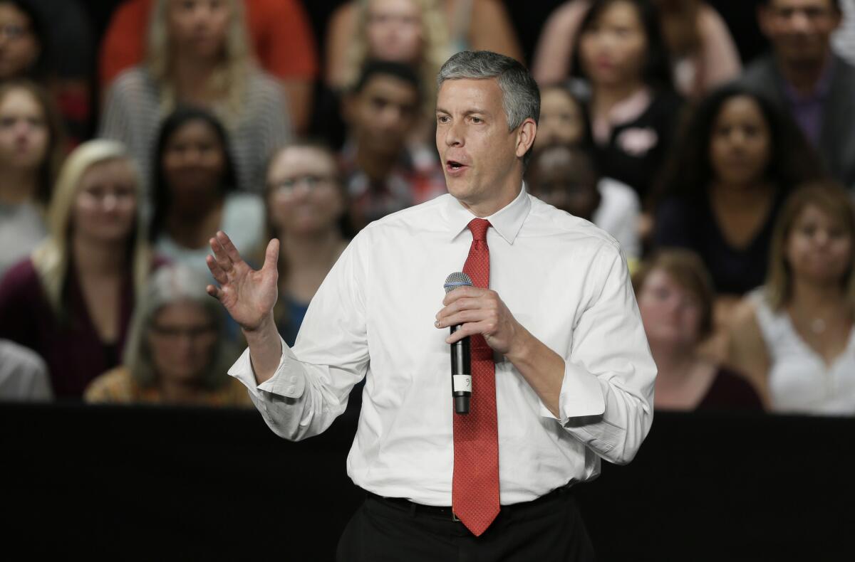 Then-U.S. Secretary of Education Arne Duncan speaks during a 2015 town hall meeting in Des Moines.