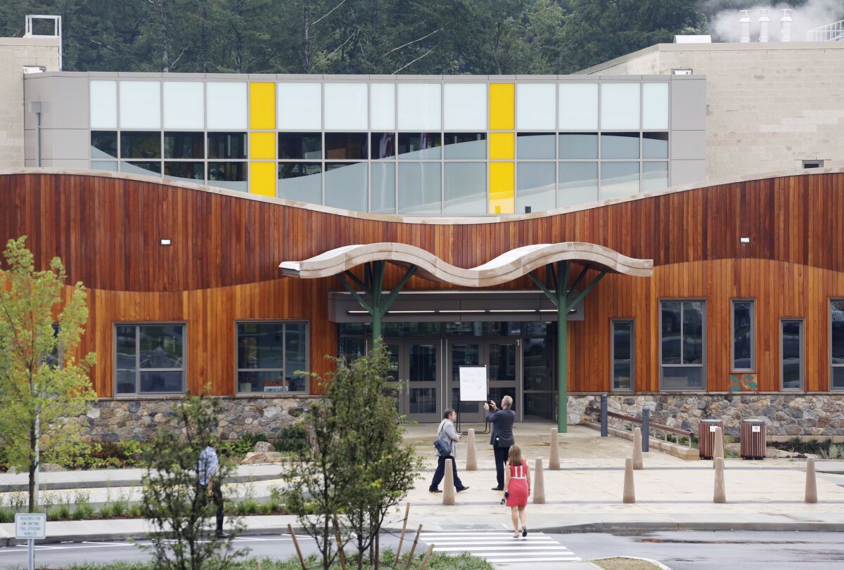 The new Sandy Hook Elementary School hosts a media open house Friday in Newtown, Conn.