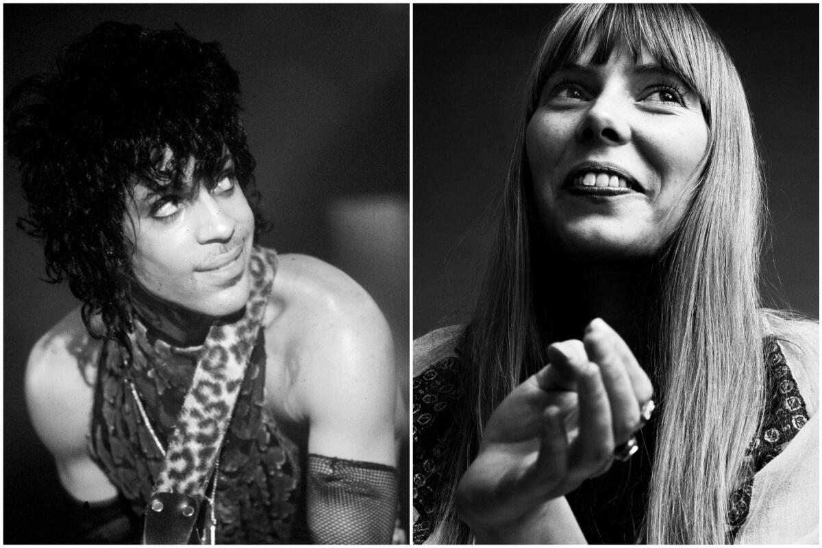 Prince in 1984 and Joni Mitchell in 1968. Prince loved Joni Mitchell, dropping her love notes on many songs.
